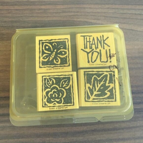 Set Of 4 Stampin’ Up! Thank You Blocks Rubber Stamps With Butterfly Leaf & Flora - Picture 1 of 7